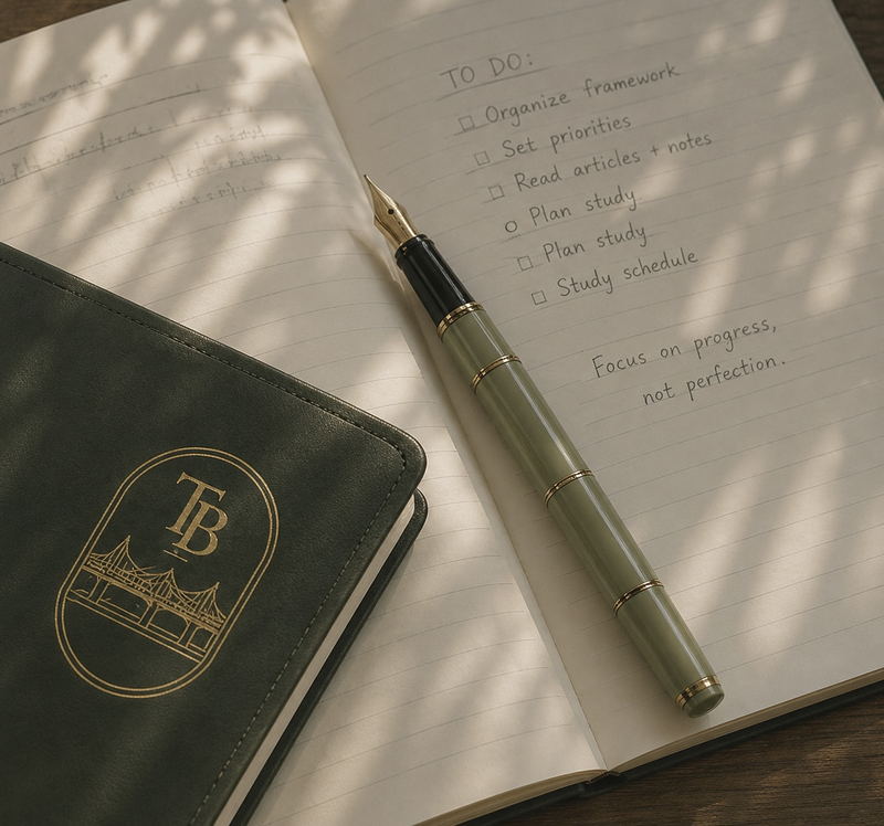 A green notebook stamped with The Bridge monogram, beside a fountain pen and a handwritten to-do list