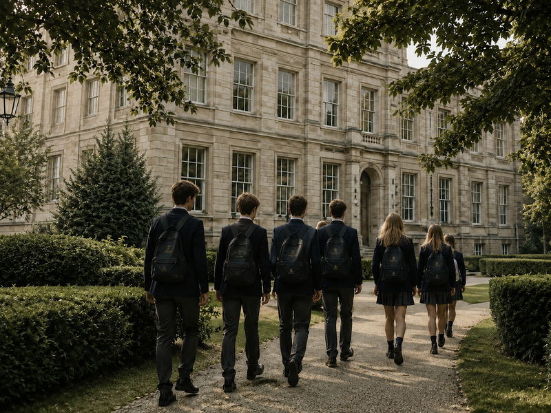 Students in uniform walking a tree-lined path towards a grand stone school building
