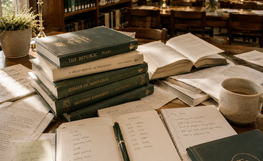 Gomila zelenih platnenih knjiga na bibliotečkom stolu pored otvorenih svezaka s naslovima Plan i Schedule, naliv-pera i šolje