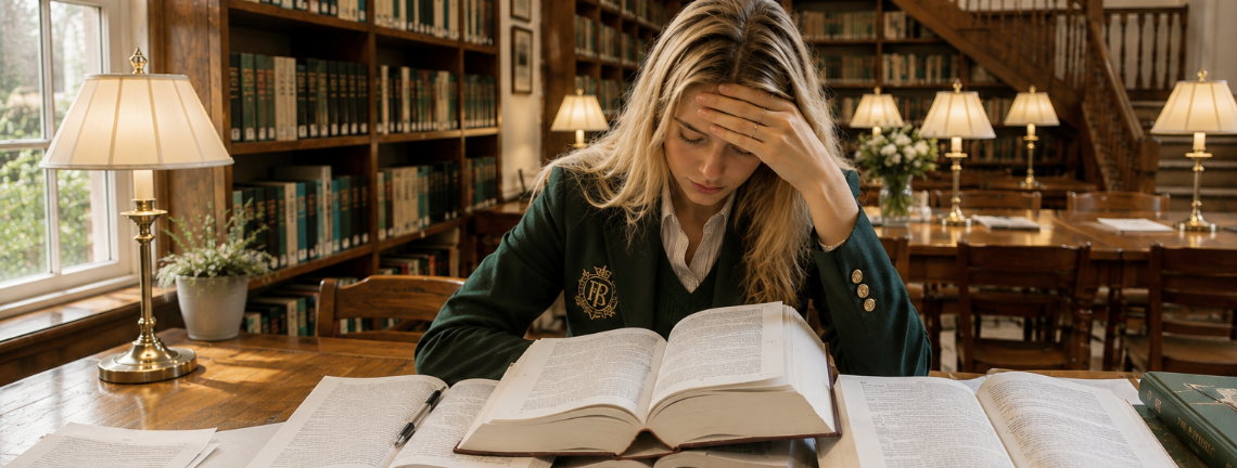 Učenica u sakou sa grbom naslanja glavu na ruku nad otvorenom knjigom za bibliotečkim stolom