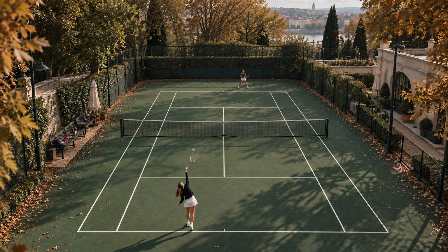 A tennis court among autumn trees, seen from above, with two players