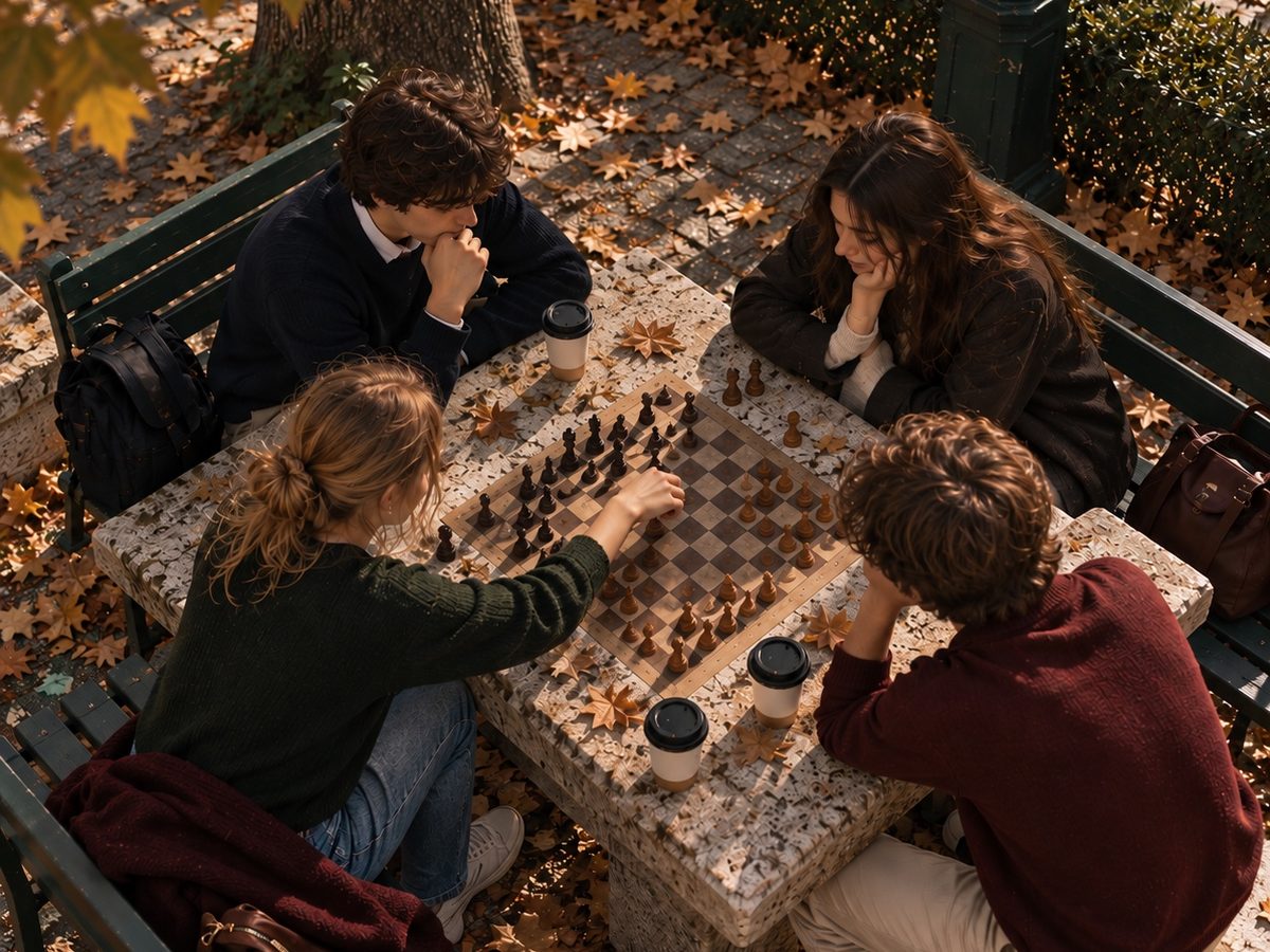 Four students playing chess at a stone table covered in autumn leaves