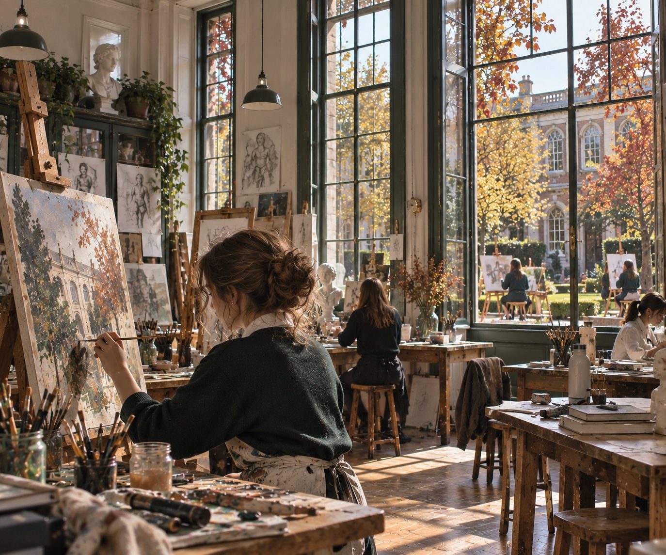 A student painting at an easel in a bright art studio with tall windows