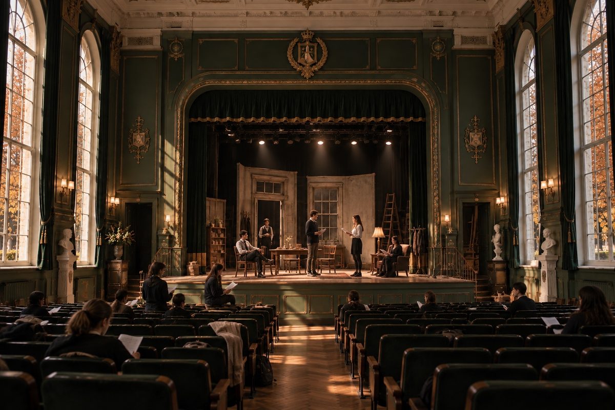 Students rehearsing on the stage of a school theatre, seen from the back of the hall