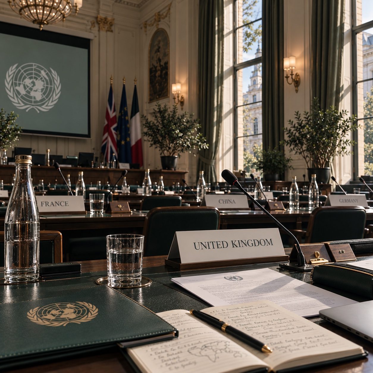 A Model United Nations committee table with a United Kingdom placard, notes and a UN folder
