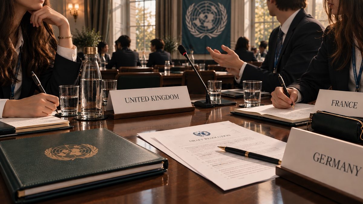 Delegates taking notes at a committee table behind the placards of the United Kingdom, France and Germany