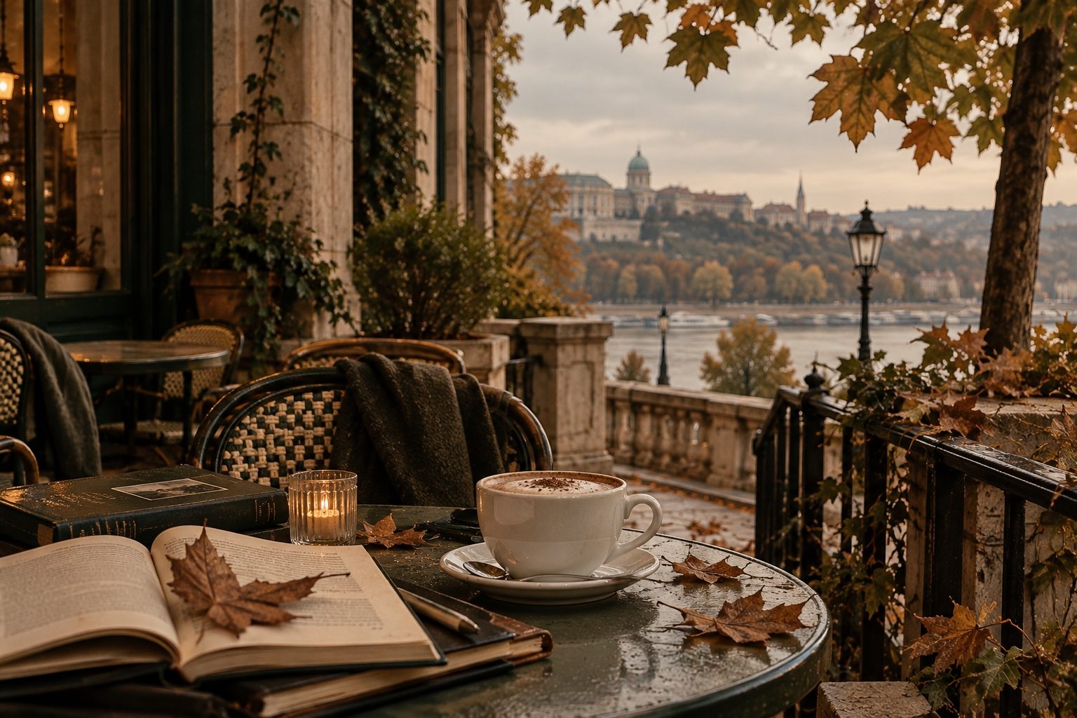 An open book, autumn leaves and a cup of coffee on a café table above a river