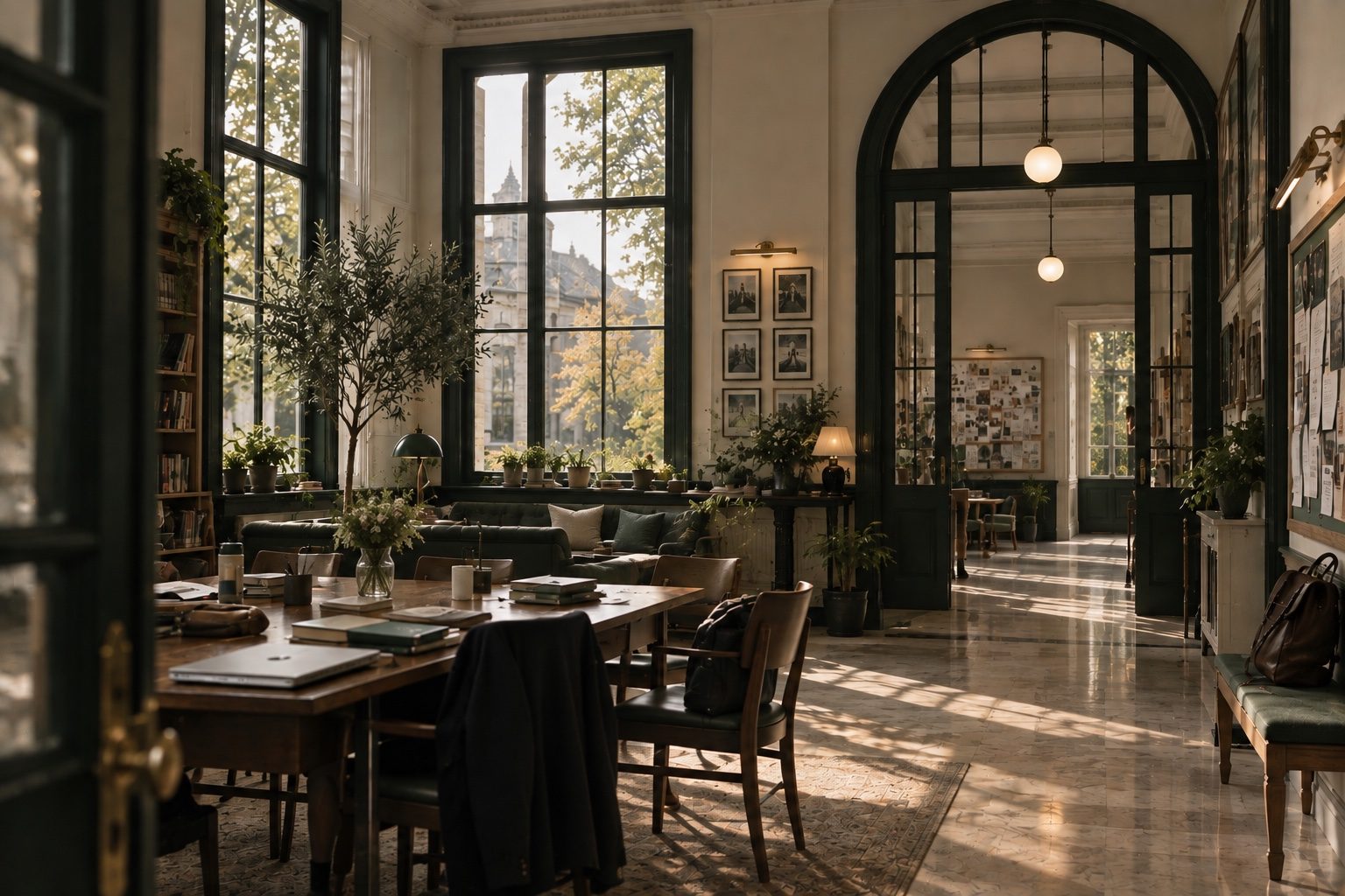 A sunlit school hall with tall arched windows, reading tables and armchairs