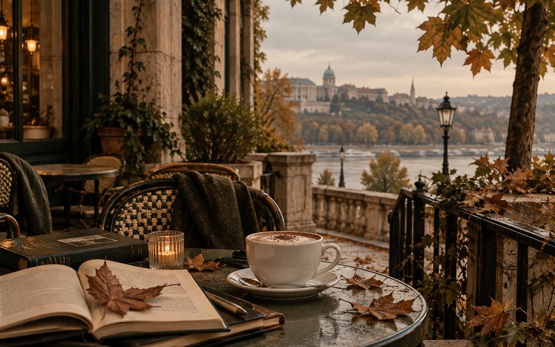 An open book, autumn leaves and a cup of coffee on a café table above a river