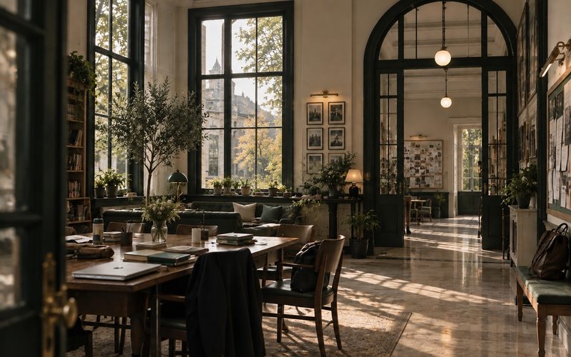 A sunlit school hall with tall arched windows, reading tables and armchairs