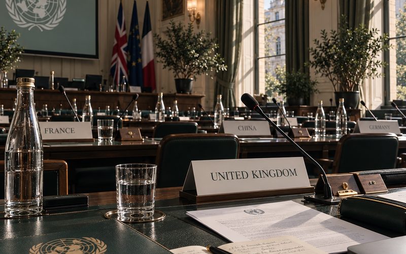 A Model United Nations committee table with a United Kingdom placard, notes and a UN folder