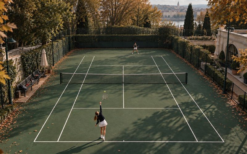 A tennis court among autumn trees, seen from above, with two players