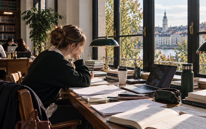A student revising at a library desk by a window overlooking the river