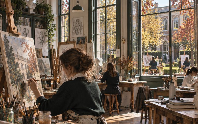 A student painting at an easel in a bright art studio with tall windows
