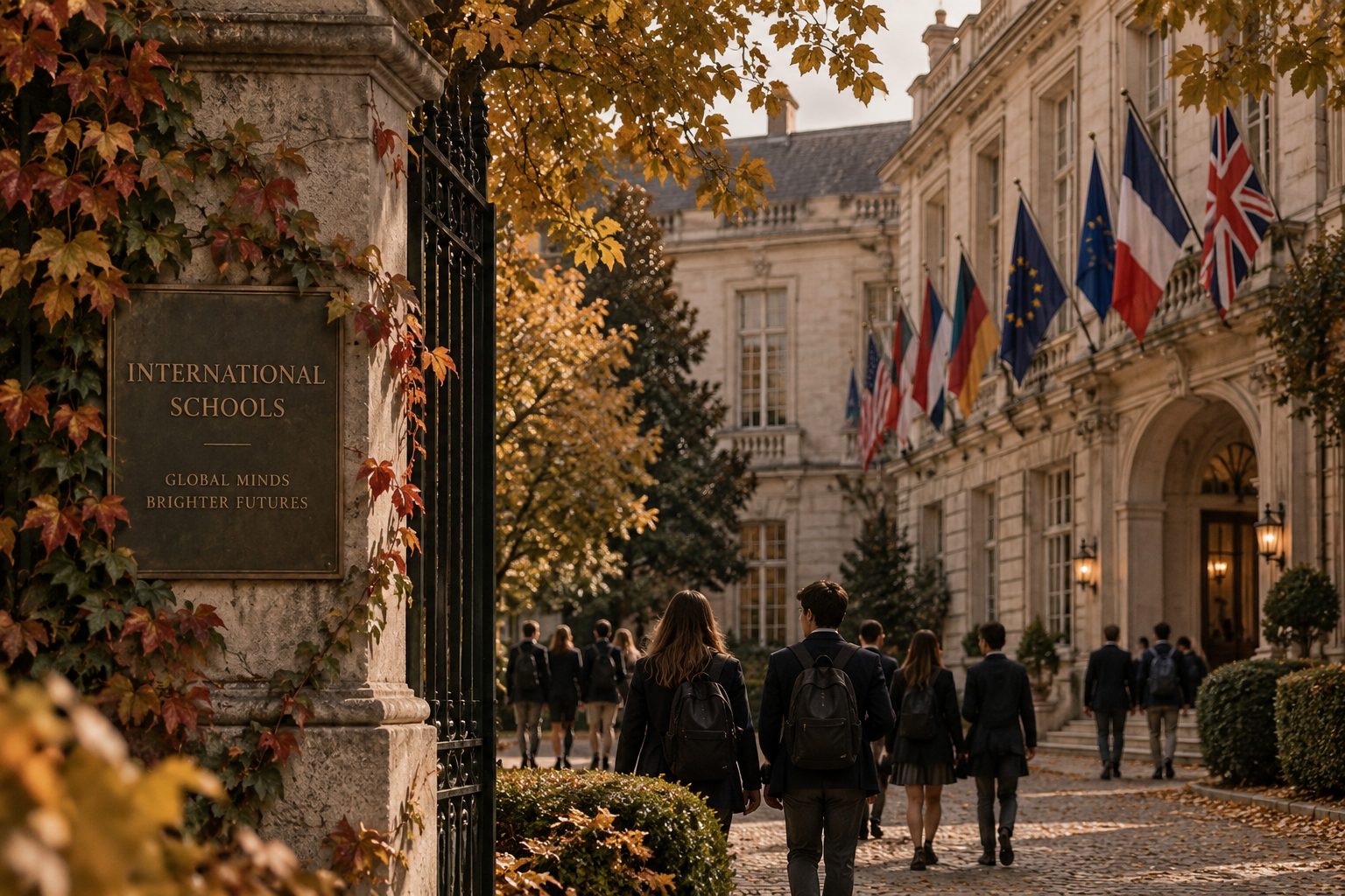 Students walking through the gates of an international school under autumn trees, flags of several countries along the façade