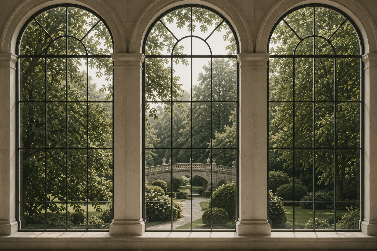 Arched windows overlooking a green garden and a stone bridge