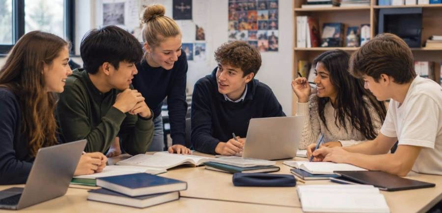 Secondary students working together around a table with laptops, notebooks and books
