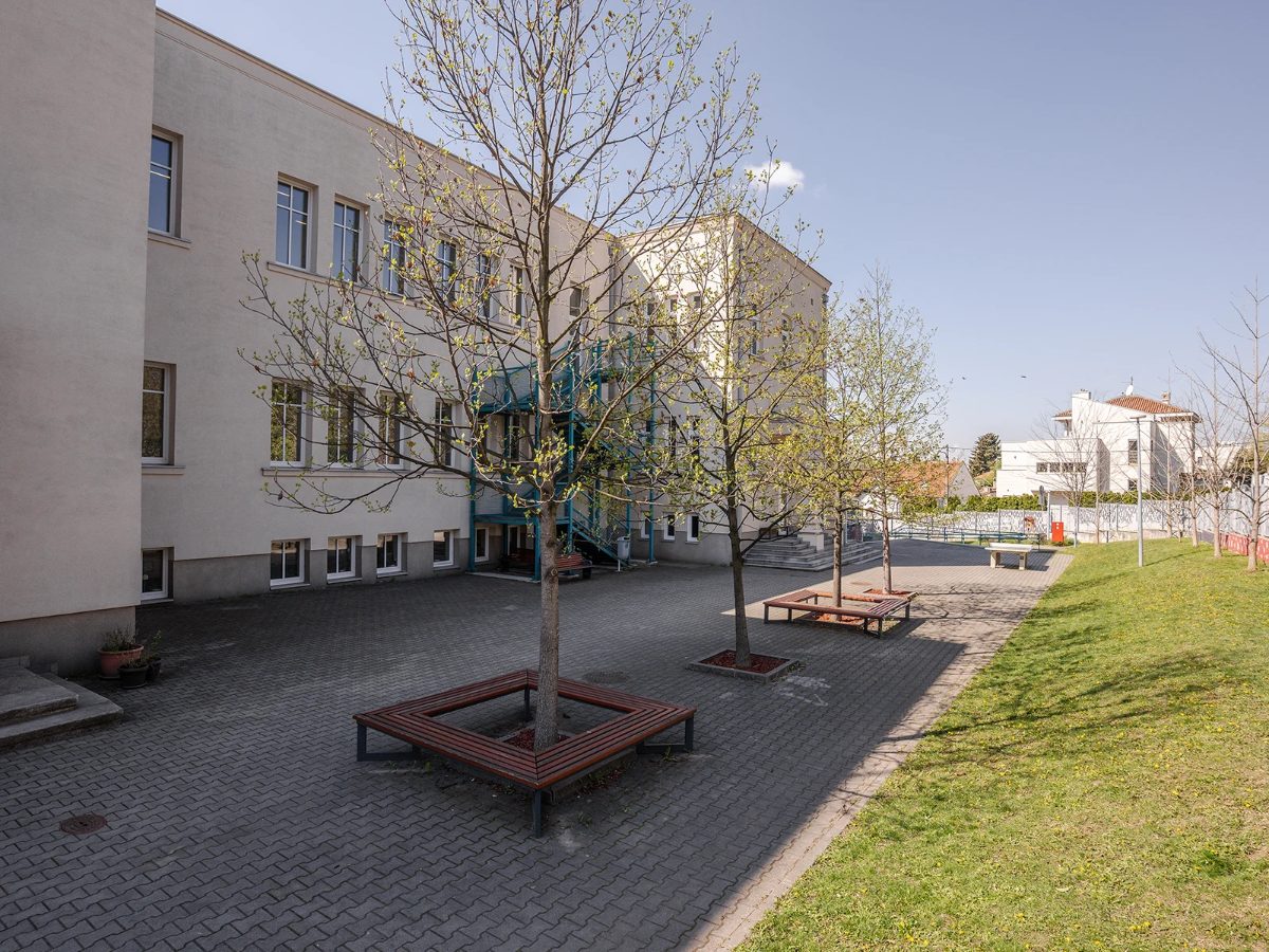 The school courtyard in Senjak, with benches around a tree and the school building behind
