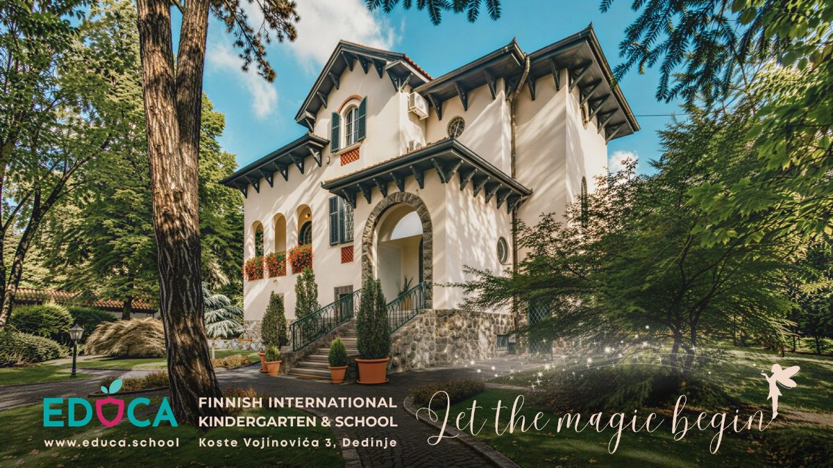 The EDUCA villa in Dedinje among tall trees, with the school name and the line Let the magic begin
