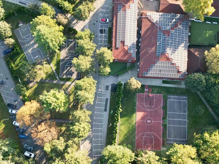 An aerial view of the MYP and high school buildings and their playgrounds